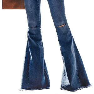 Elastic Waist Flare Jeans with Distressed Hem
